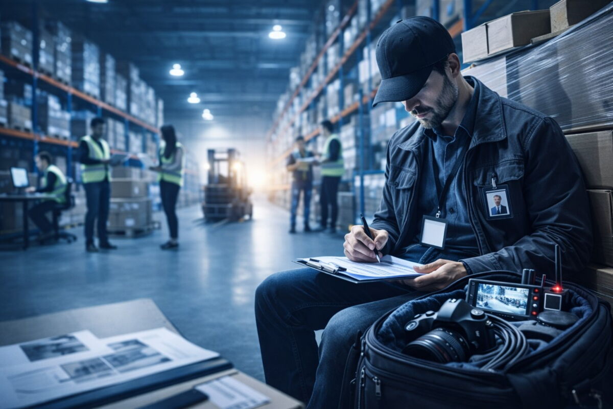 Detektiv bei verdeckter Einschleusung in einer Lagerhalle zur Aufdeckung von Diebstahl und wirtschaftlichen Unregelmäßigkeiten.