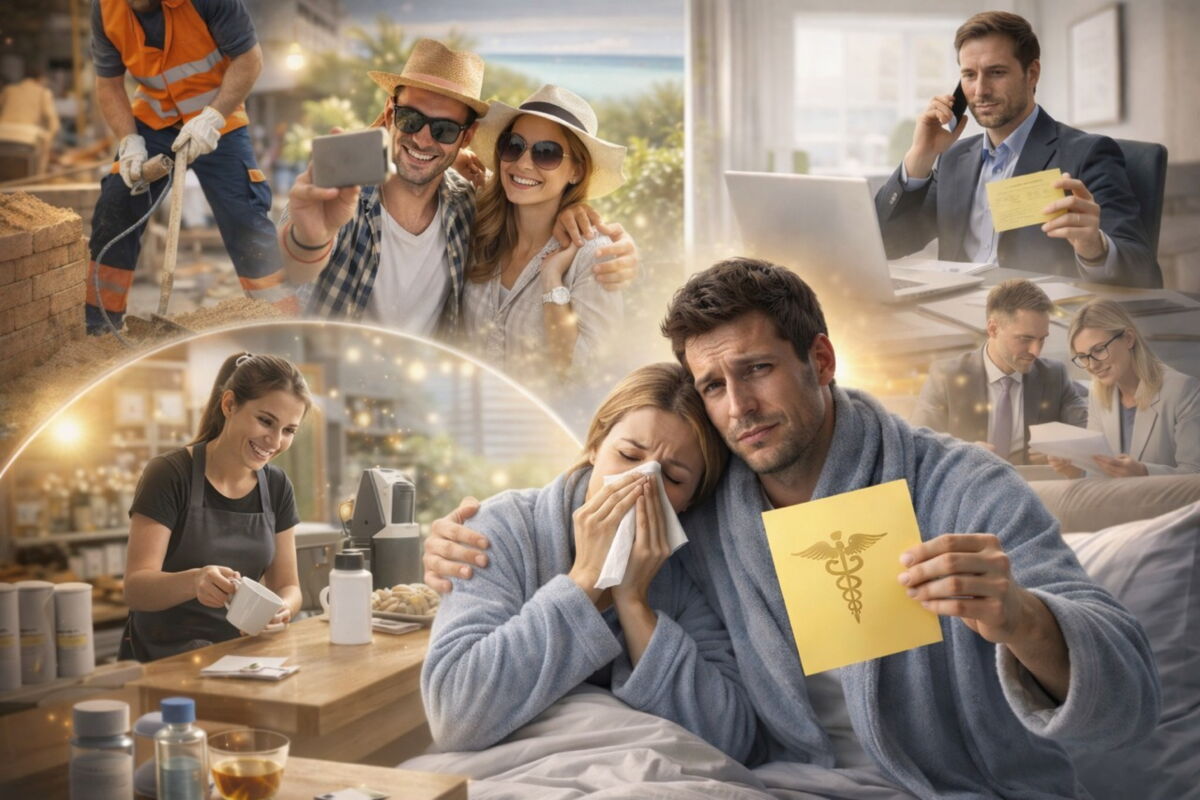 Darstellung möglicher Fälle von Lohnfortzahlungsbetrug mit Krankmeldung und paralleler Tätigkeit im beruflichen Umfeld.