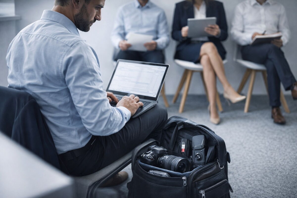 Verdeckter Ermittler einer Wirtschaftsdetektei arbeitet undercover in einem Unternehmen und dokumentiert diskret Beweise während einer Einschlusung.