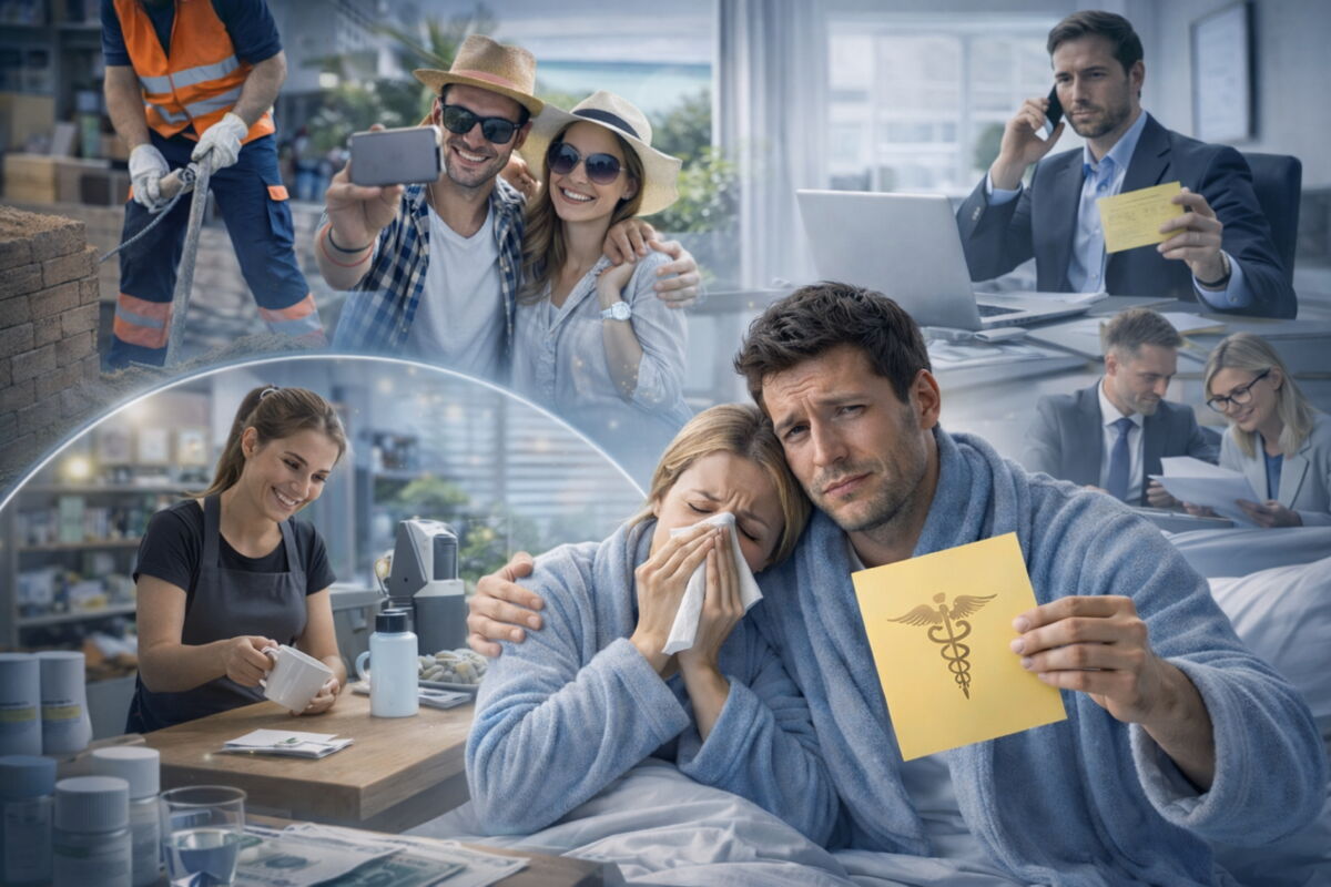 Darstellung möglicher Fälle von Lohnfortzahlungsbetrug mit Krankmeldung und paralleler Tätigkeit im beruflichen Umfeld.