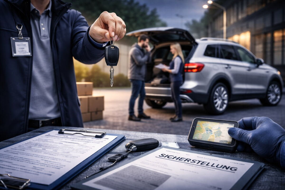 Ermittler einer Wirtschaftsdetektei stellt ein Dienstafahrzeug sicher und dokumentiert die Übergabe im Rahmen einer professionellen Fahrzeugsicherstellung
