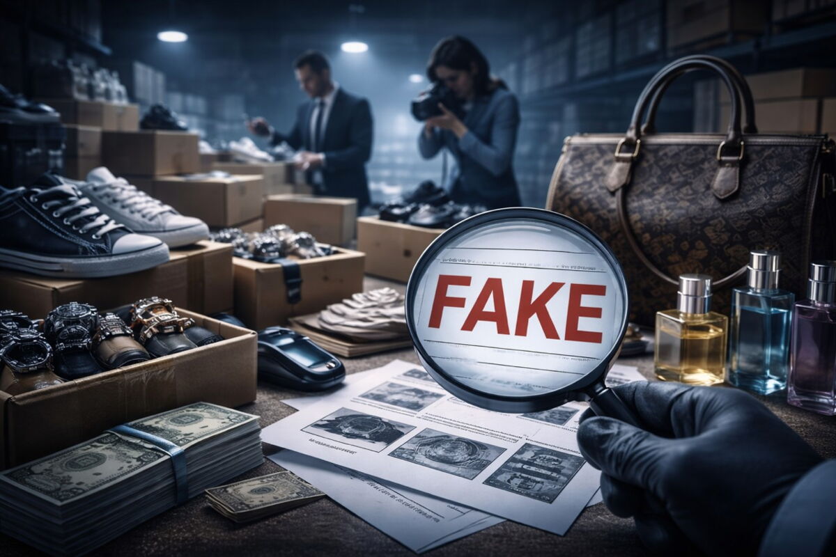 Ermittler einer Wirtschaftsdetekteiuntersucht gefälschte Markenprodukte und dokumentiert Beweise im Zusammenhang mit Markenpiraterie